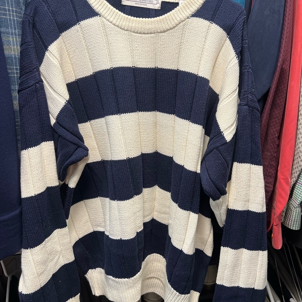 John Ashford Navy and Cream Striped Crewneck Sweater